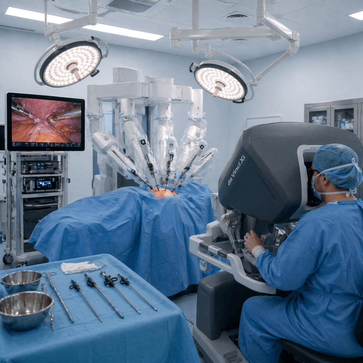 Bloc opératoire : illustration indicative d’une chirurgie robot-assistée (console, chariot patient avec bras courbés type usage hospitalier, drapage standard avec tête coiffée, sans texte à l’image).