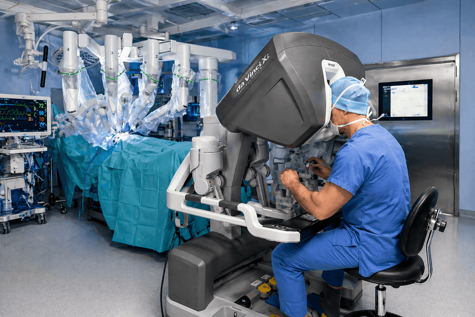 Bloc opératoire : chirurgien à la console du robot da Vinci Xi, chariot patient avec bras instrumenteurs en arrière-plan