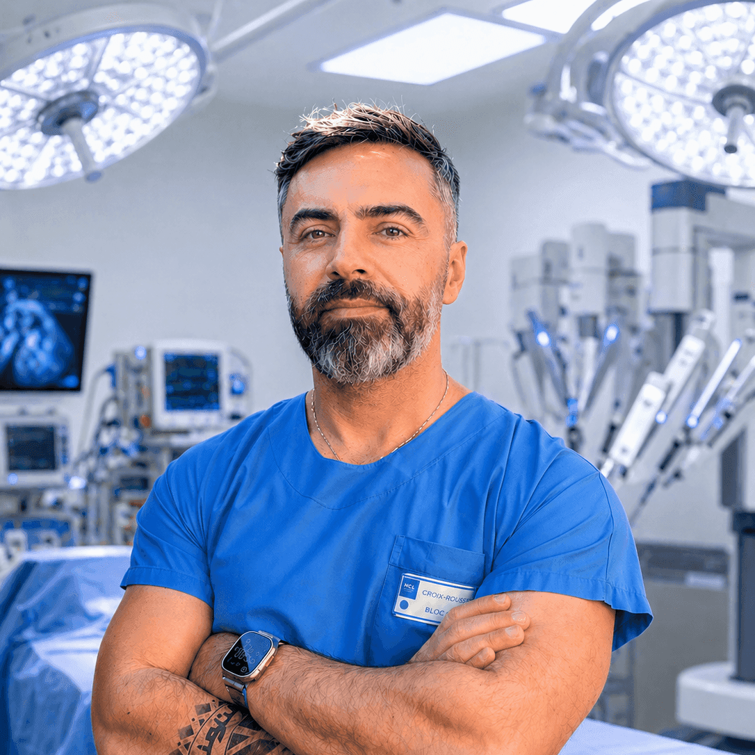 Dr Gabriel DEMIAN en tenue de bloc au bloc opératoire, bras croisés