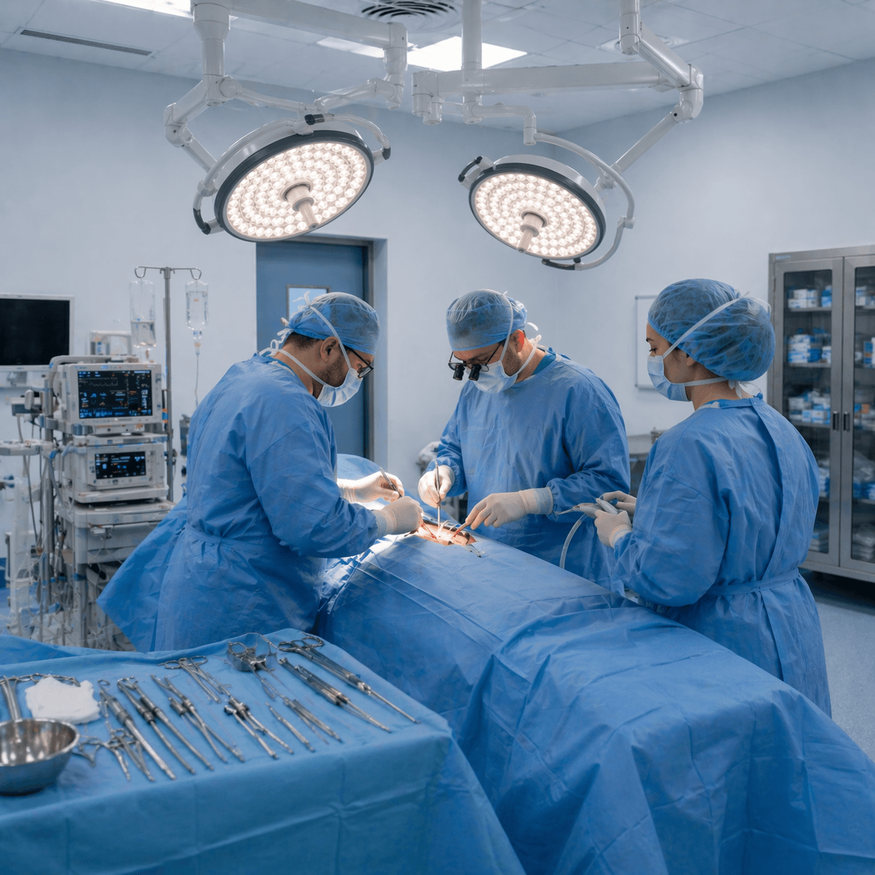 Bloc opératoire : illustration indicative d’une chirurgie ouverte sur la paroi (exposition par voie directe).